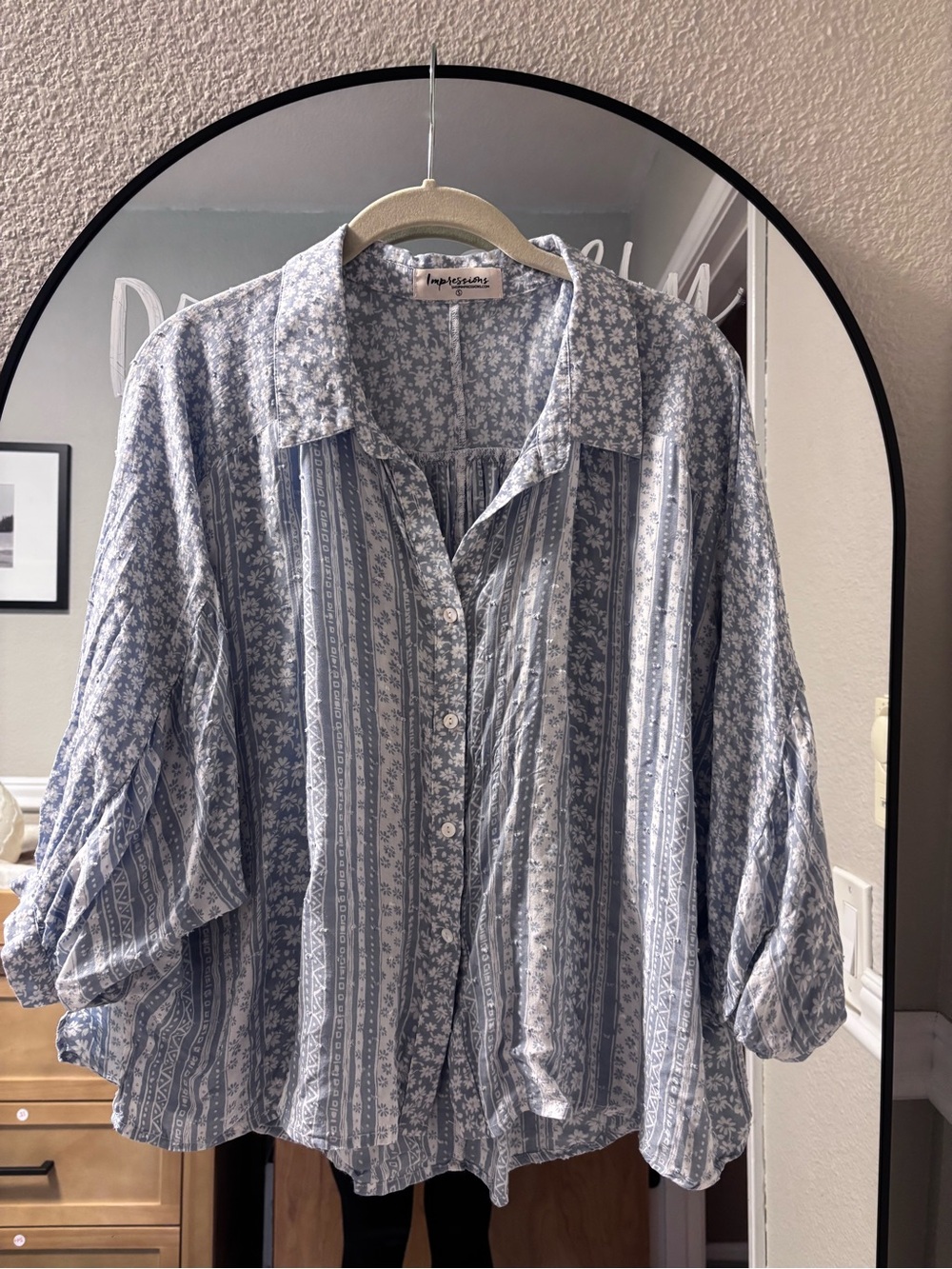 Impressions Light Blue Floral Print Button-Up Top